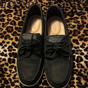 Sperry Boat Shoes. Black leather with gray stripes